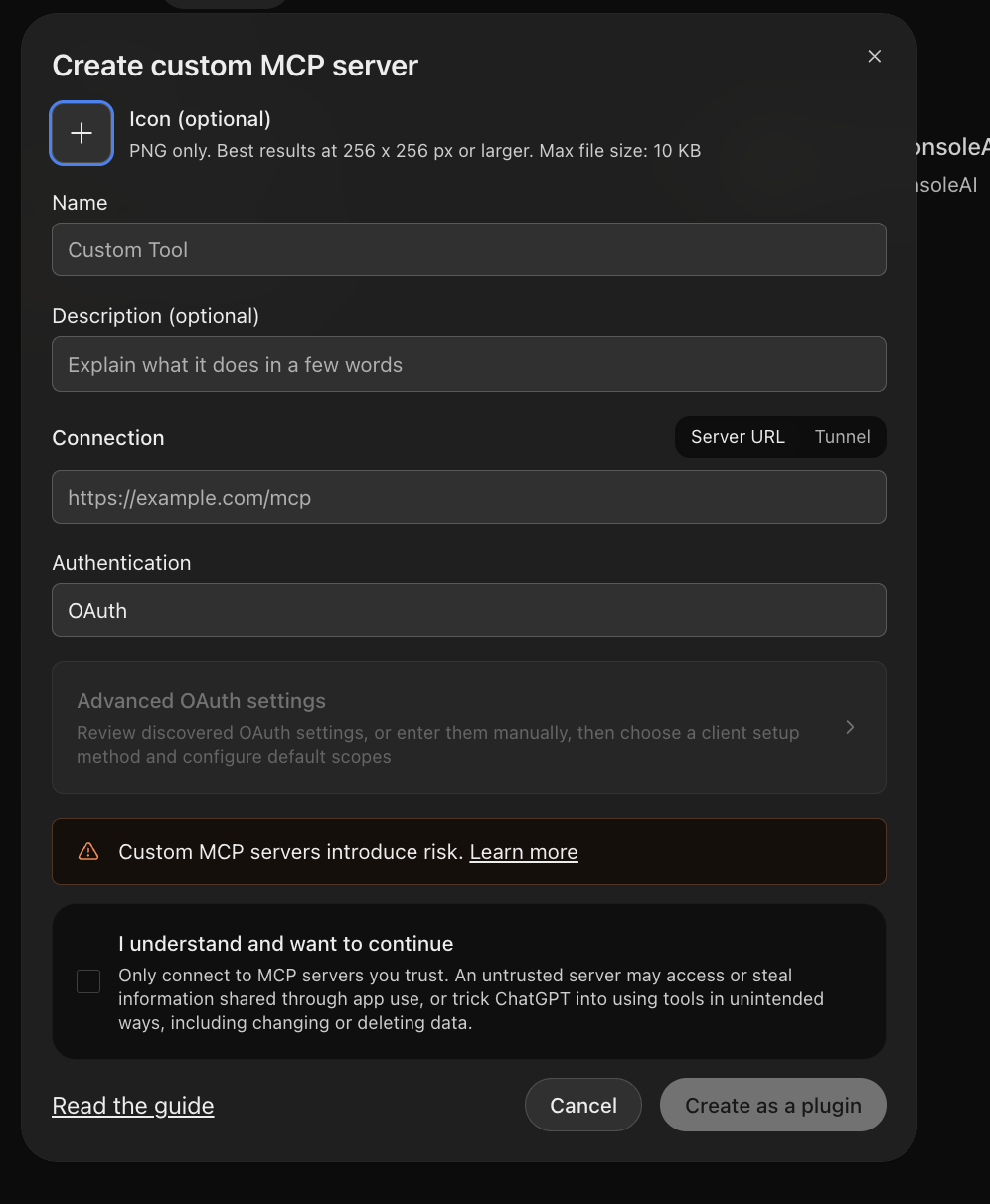 Create custom MCP server form with Name, Server URL, OAuth, and Create as a plugin
