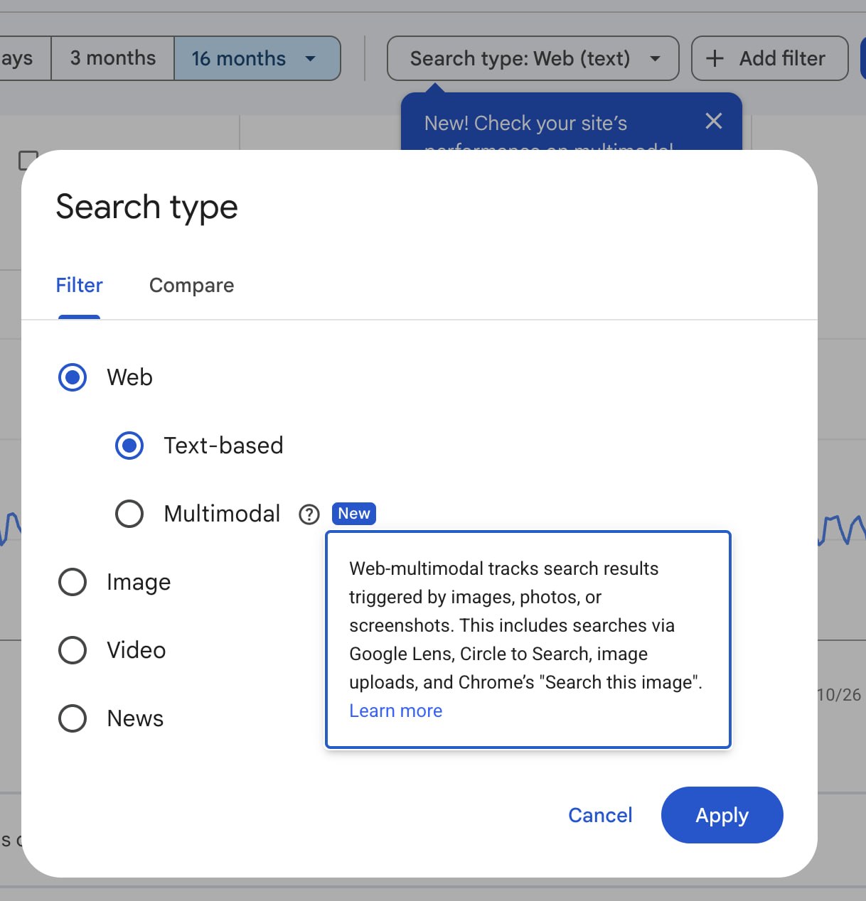 Google Search Console search type filter with the Multimodal option under Web and its help text