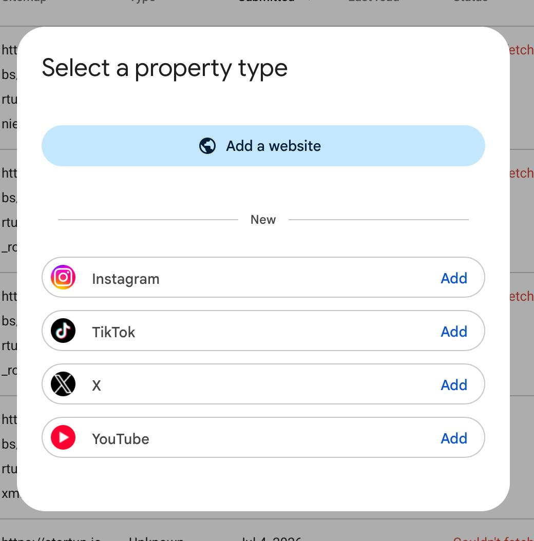 Google Search Console property picker with options to add Instagram, TikTok, X, and YouTube